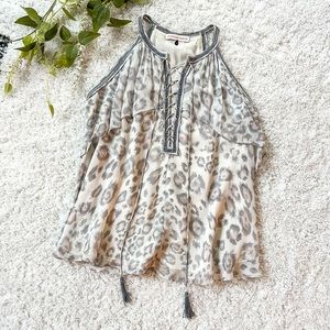 [rebecca taylor] silk cheetah print lace up tank gray